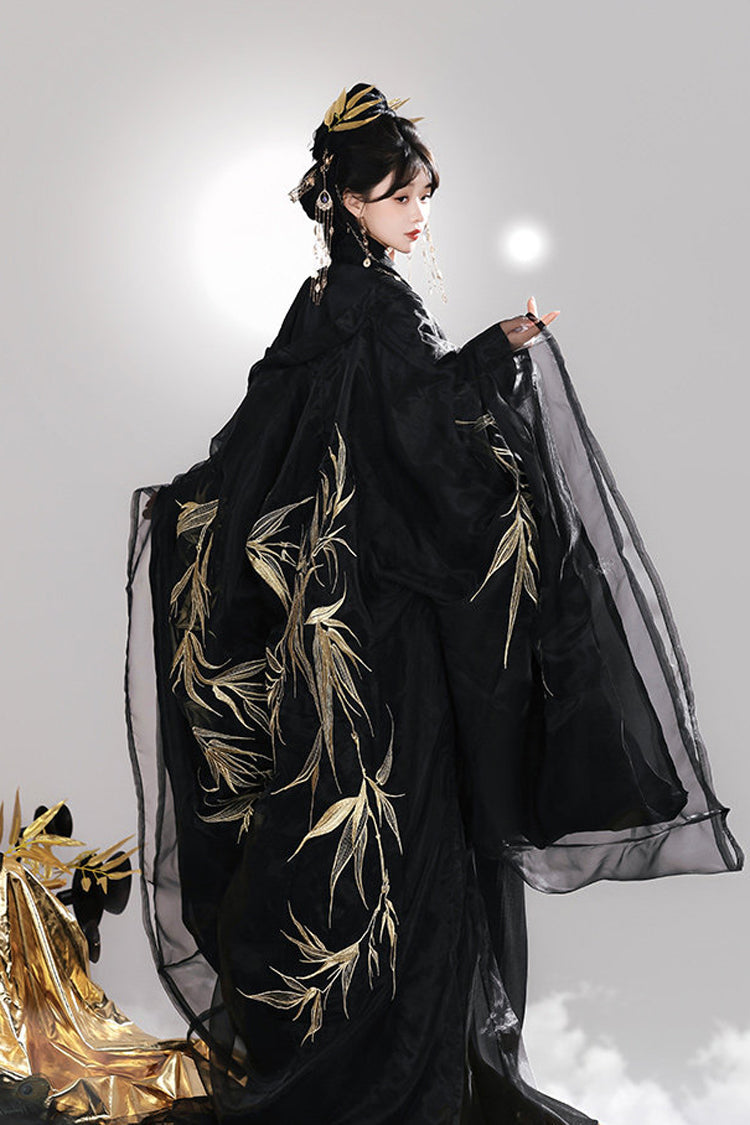 V-Neck Trumpet Sleeve High-Waisted Hanfu Dress Set - Bamboo Leaves
