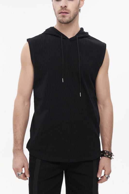 Men's Punk Sleeveless Hooded Tank Top in Irregular Black Knit Design