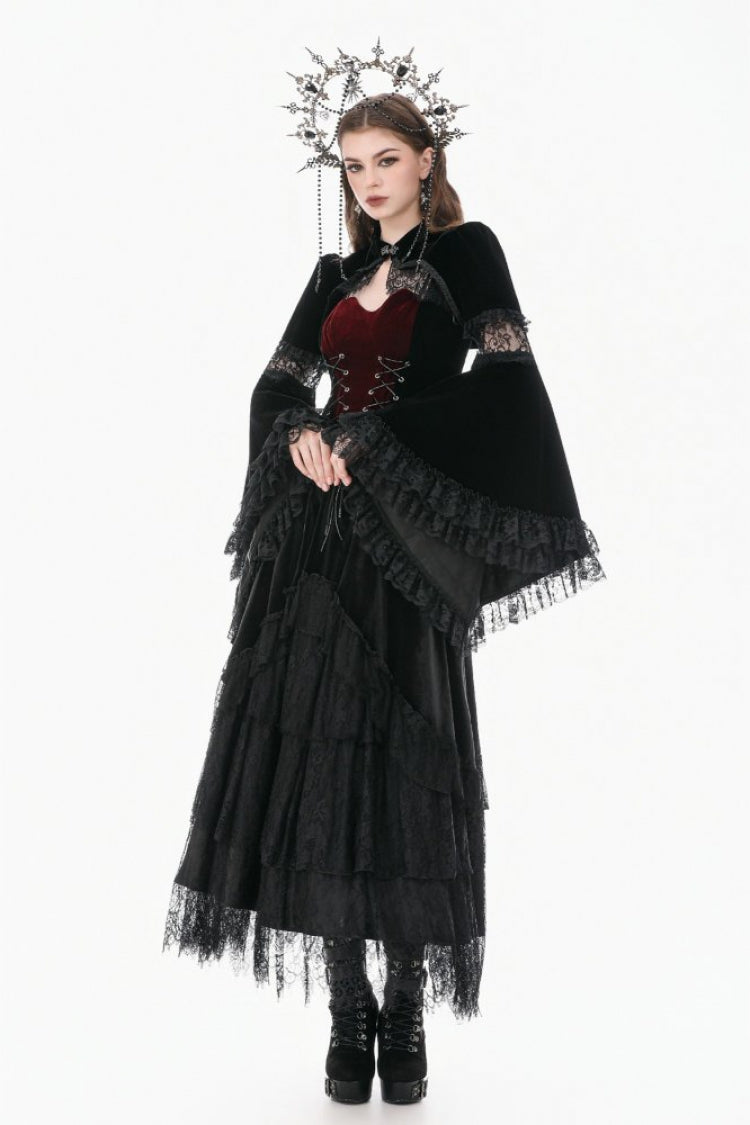 Gothic Shrug with Keyhole Mandarin Collar, Velvet Lace Splice & Flare Sleeves