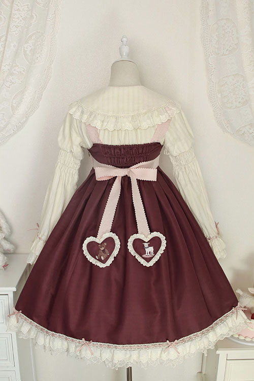 Burgundy Sheep and Bear Motif Alice Girl Bow Ruffle Sweet Lolita Jumper Dress