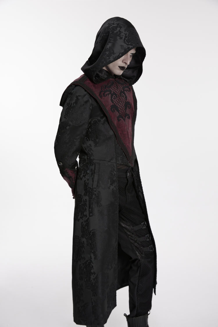 Crimson Noir Jacquard Hooded Embroidered Spliced Long-Sleeve Men's Punk Jacket