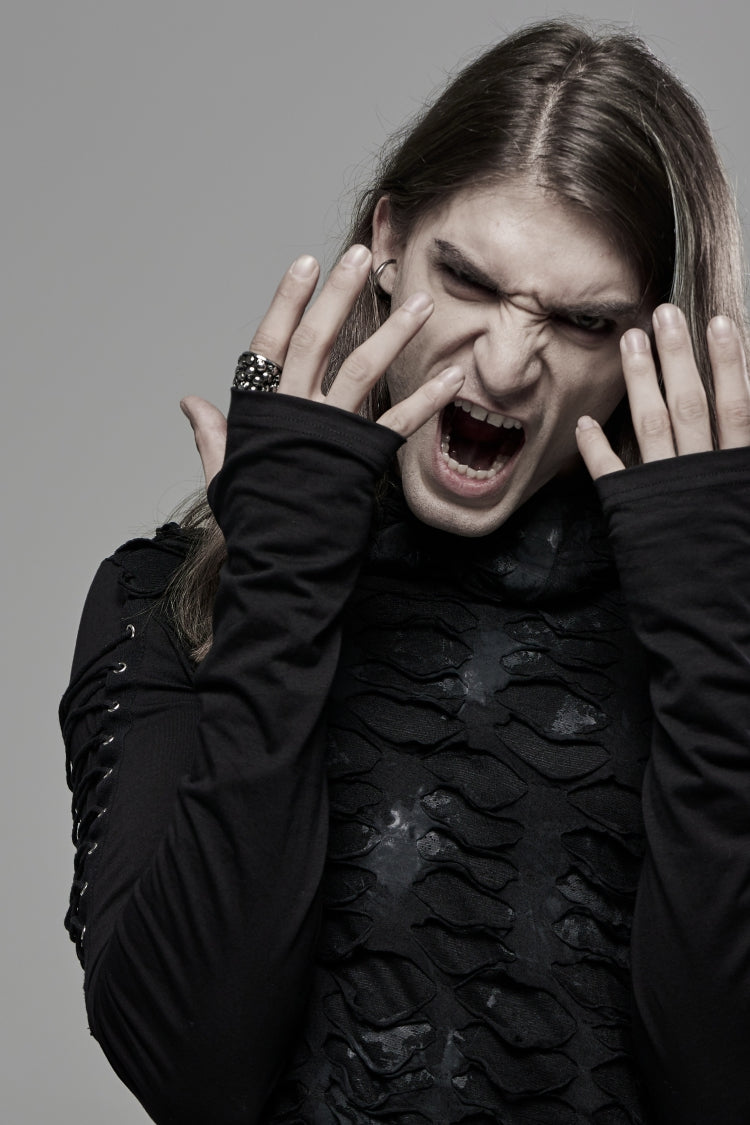 Gothic Cool Tee for Men with Lace-Up, Hood, Rips, and Pleats, Extended Sleeves
