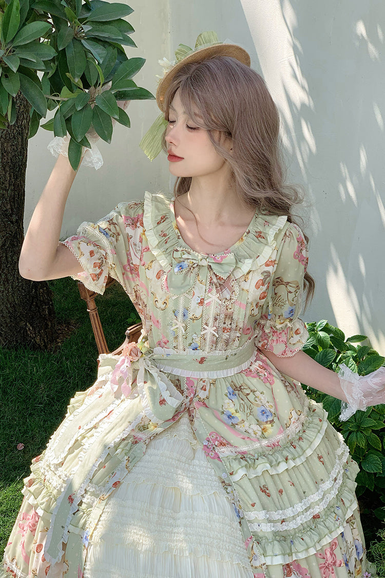 Emerald Cat Rose Tea Short Sleeve Printed Ruffle Cardigan Bow Sweet Lolita Gown