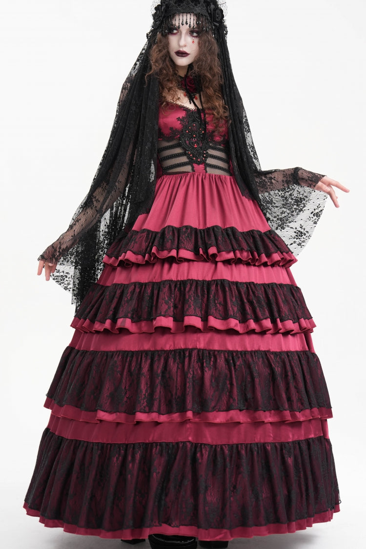 Crimson Gothic Dress with Multi-Tiered Ruffles and Lace-Up Mesh