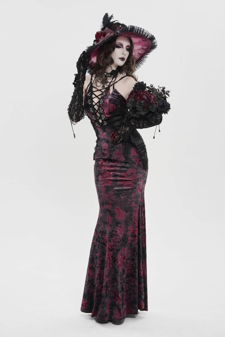 Crimson & Noir Halter Neck Printed Hanayome Lace-Up Fitted Pleated Gothic JSK Dress
