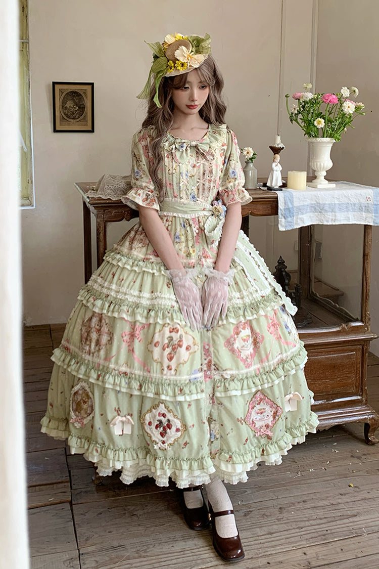 Emerald Cat Rose Tea Short Sleeve Printed Ruffle Cardigan Bow Sweet Lolita Gown