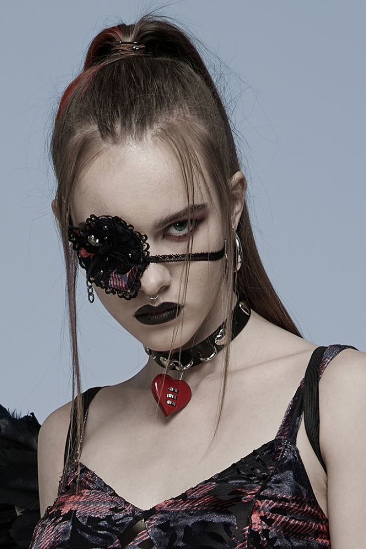 Crimson & Noir Metal Skull Embellished Lace Heart Gothic Eye Mask