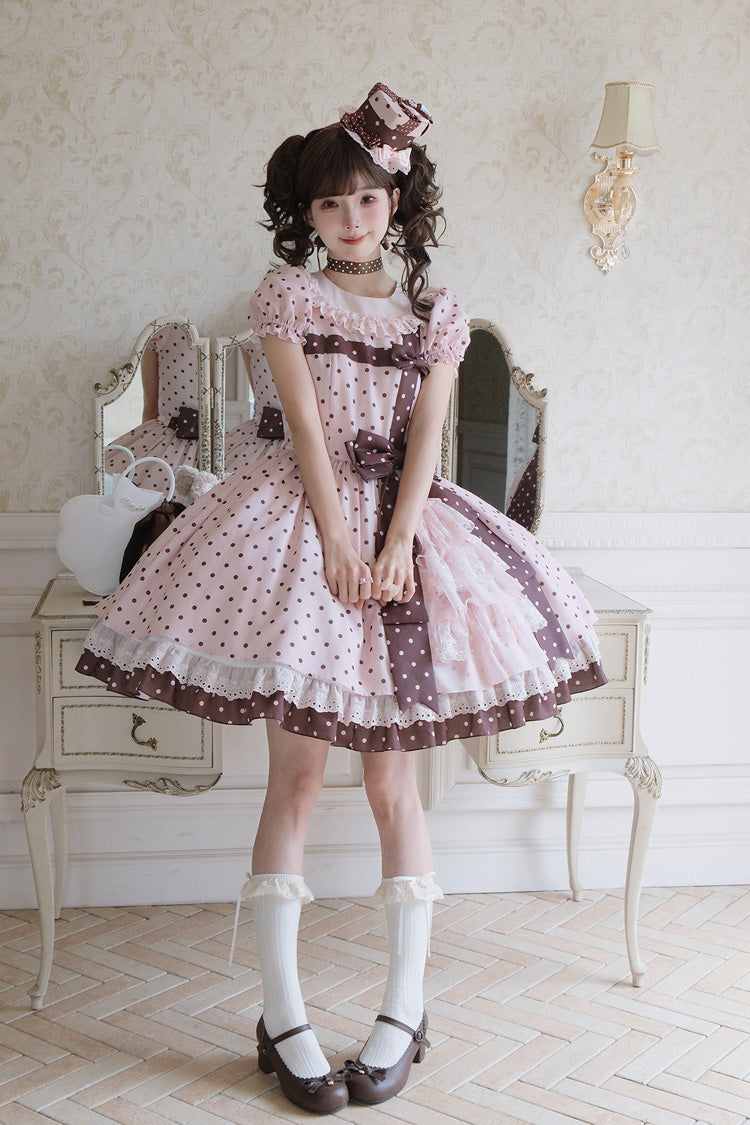 Canelé Gift Box Round Collar Short-Sleeve Polka Dot Ruffle Open Bow Asymmetric Lolita Dress