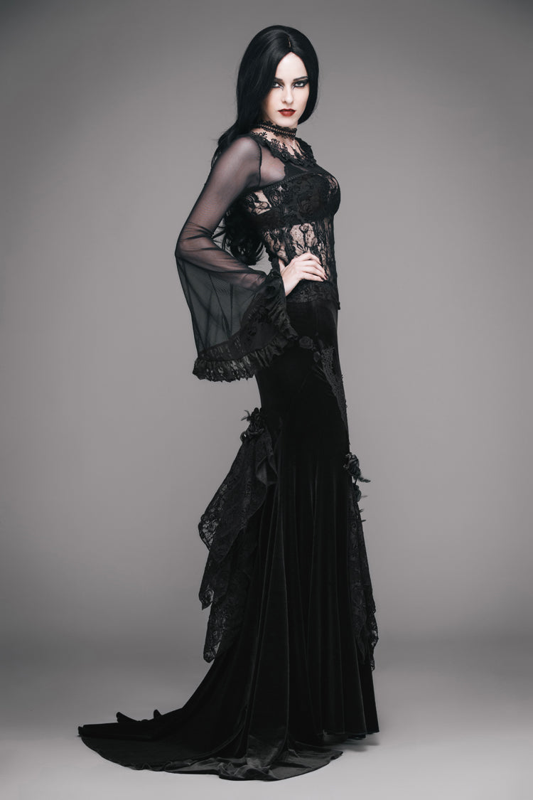 Gothic T-Shirt with Big Flare Sleeves Rose Lace and Mesh Collar