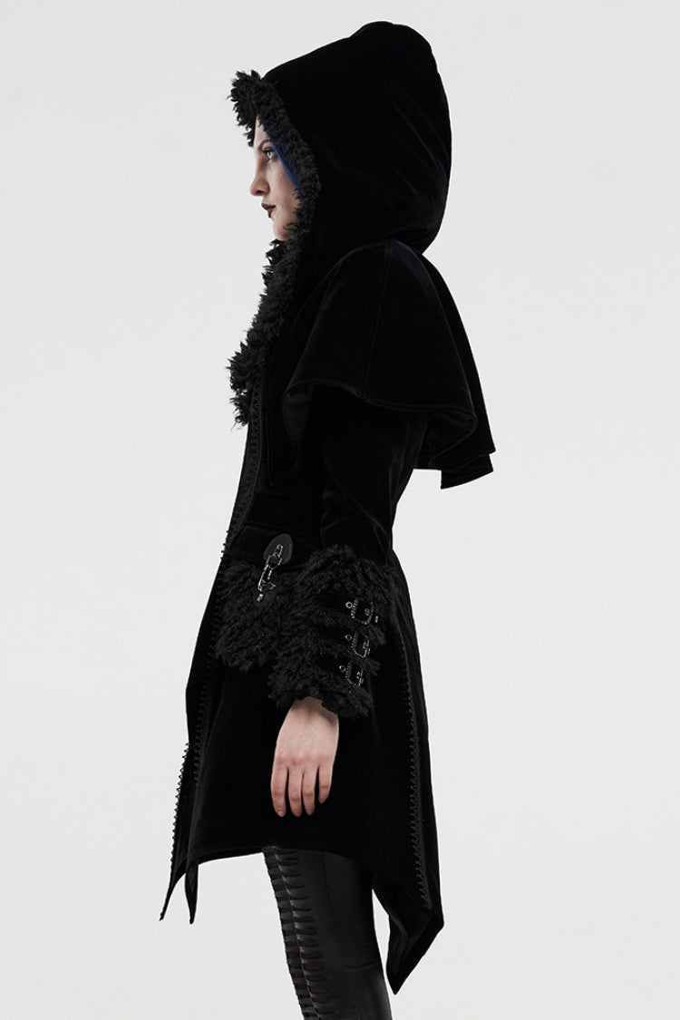 Gothic Buckle-Trimmed Hooded Cloak with Extended Sleeves