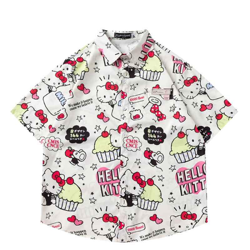 T-shirt Kawaii à motif de gâteau aux cerises et chat KI506