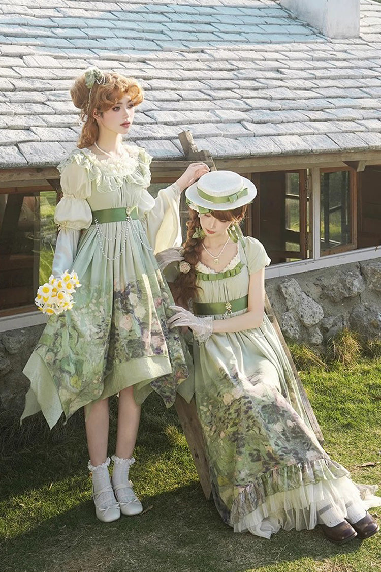 Emerald Blooming Roses Oil Painting Chiffon Ruffle Bow Irregular Sweet Lolita Jumper
