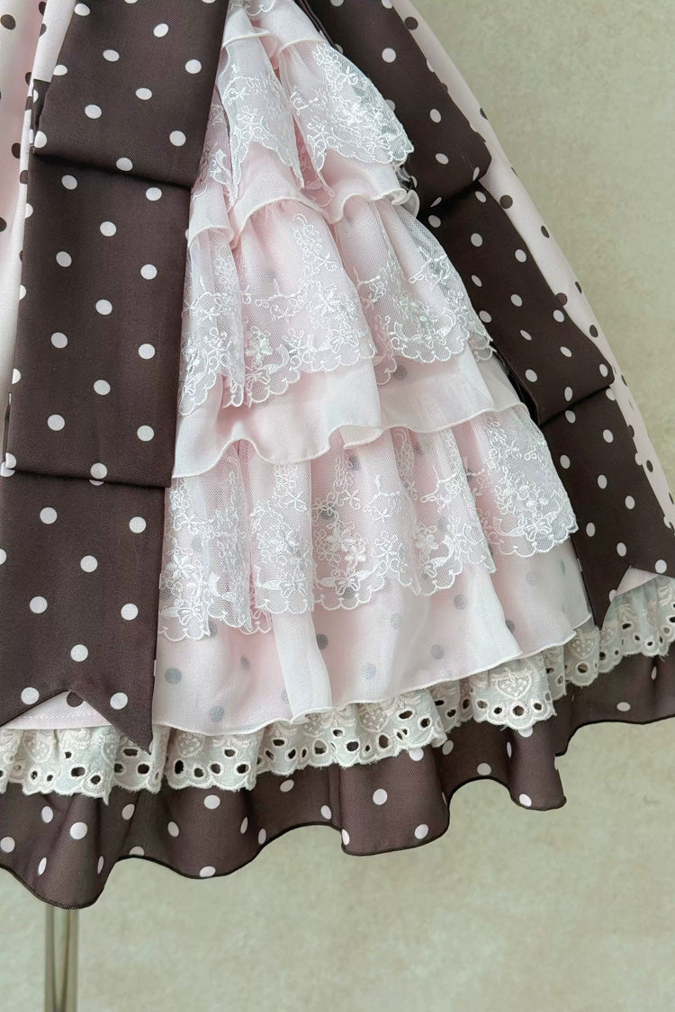 Canelé Gift Box Round Collar Short-Sleeve Polka Dot Ruffle Open Bow Asymmetric Lolita Dress V2