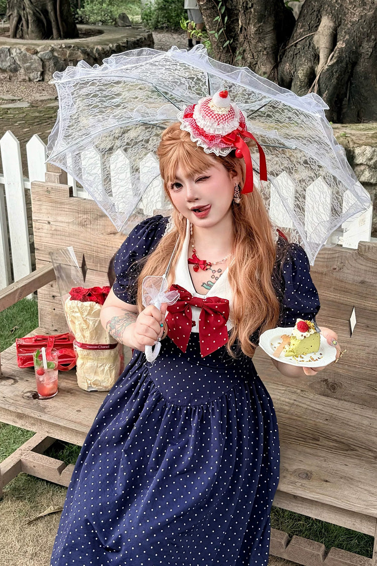 Polka Dot V-Neck Ruffled Bow Lace Plus-Size Preppy Dress