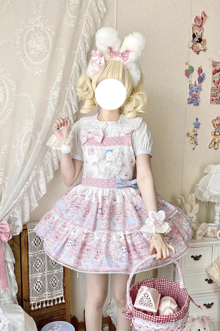 Bunny & Bear Tea Party Lace Strap Dress, Double-Layered Ruffle Bow Sweet Lolita