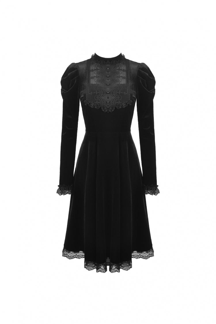 Gothic Velvet Gown with Puff Sleeves and Lace Detailing in Black