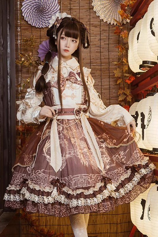 Chinese Style Lolita JSK Dress with Ruffle Lace and Print