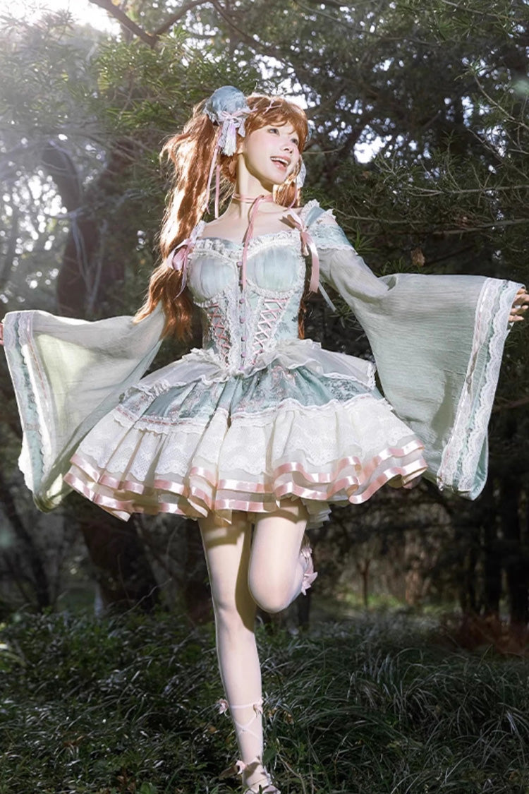 Emerald Waltz Multi-Layer Print Ruffle Bow Sweet Chinese Elegant Lolita Jumper