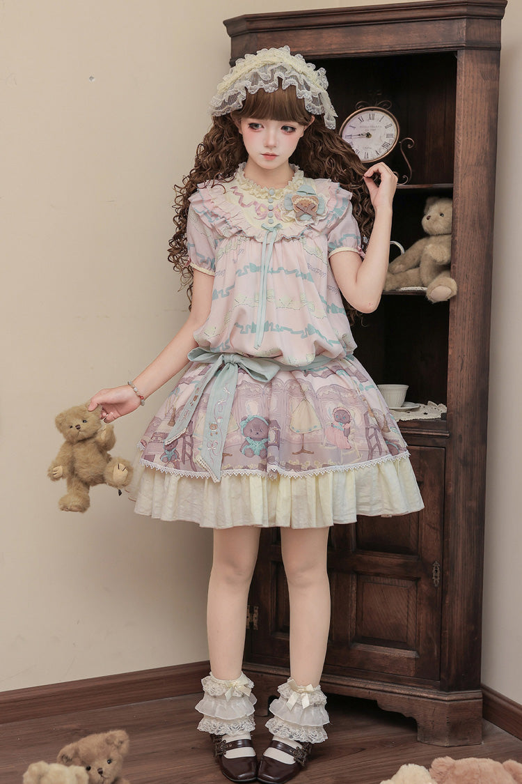 Rose Bear Print Bow Sweet Lolita Dress Set with Ruffled Short Sleeves
