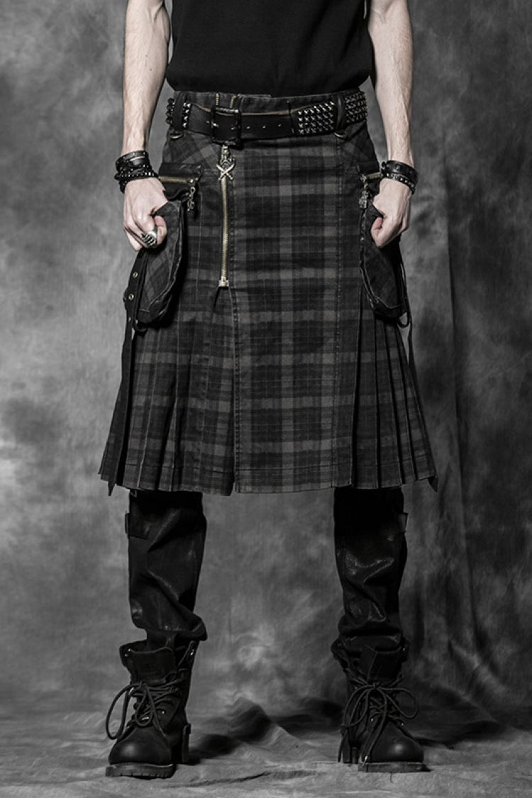 Tartan-Print Ruffle Steampunk Kilt for Men