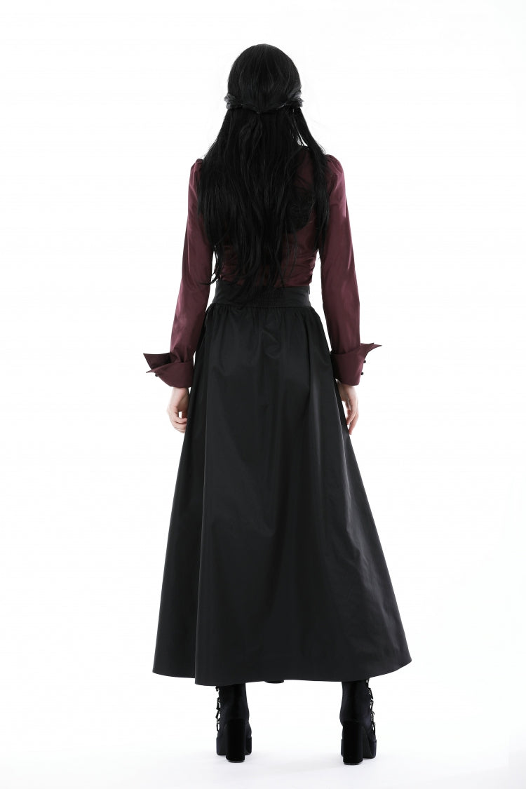 Burgundy Turn-Down Collar Ruffled Long Sleeve Gothic Women's Blouse