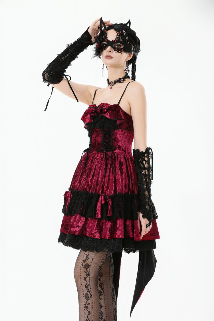 Maroon Corset Velvet Pointed-Tail Gothic Cami Mini Dress