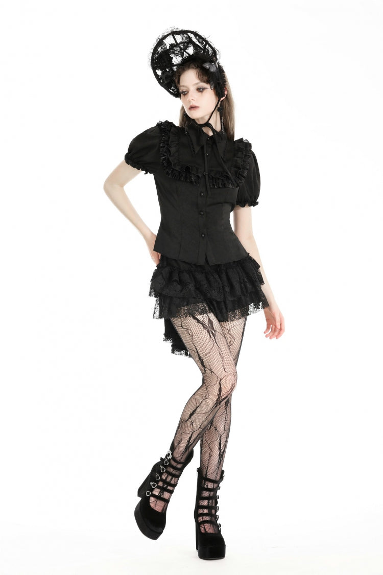 Ruffled Gothic Blouse with Puff Sleeves and Collar - Gothic Edge