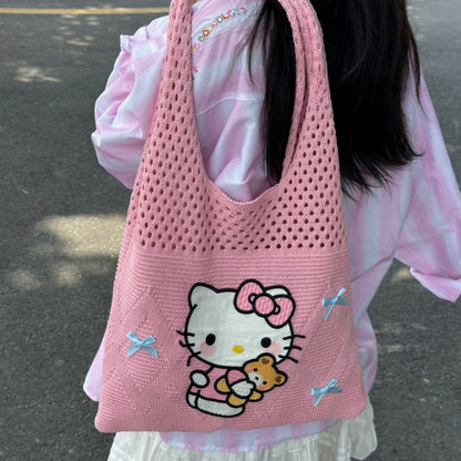 Sac fourre-tout tricoté avec nœud bleu Pink Kitty Milk KI535