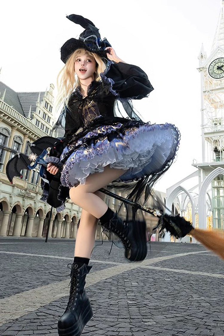 Double-Layered Print Ruffle Lace Gothic Dress - Astrology Cat