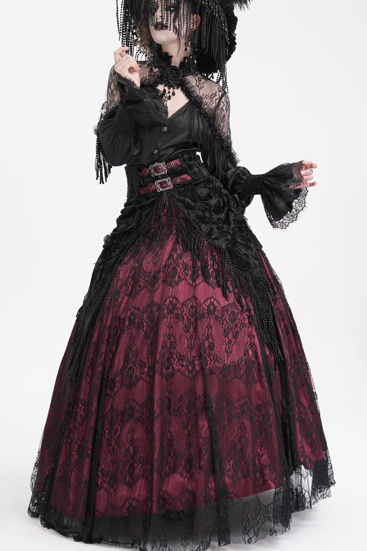 Burgundy Print Embroidery Tassel Buckle Lace-Up Gothic Long Skirt