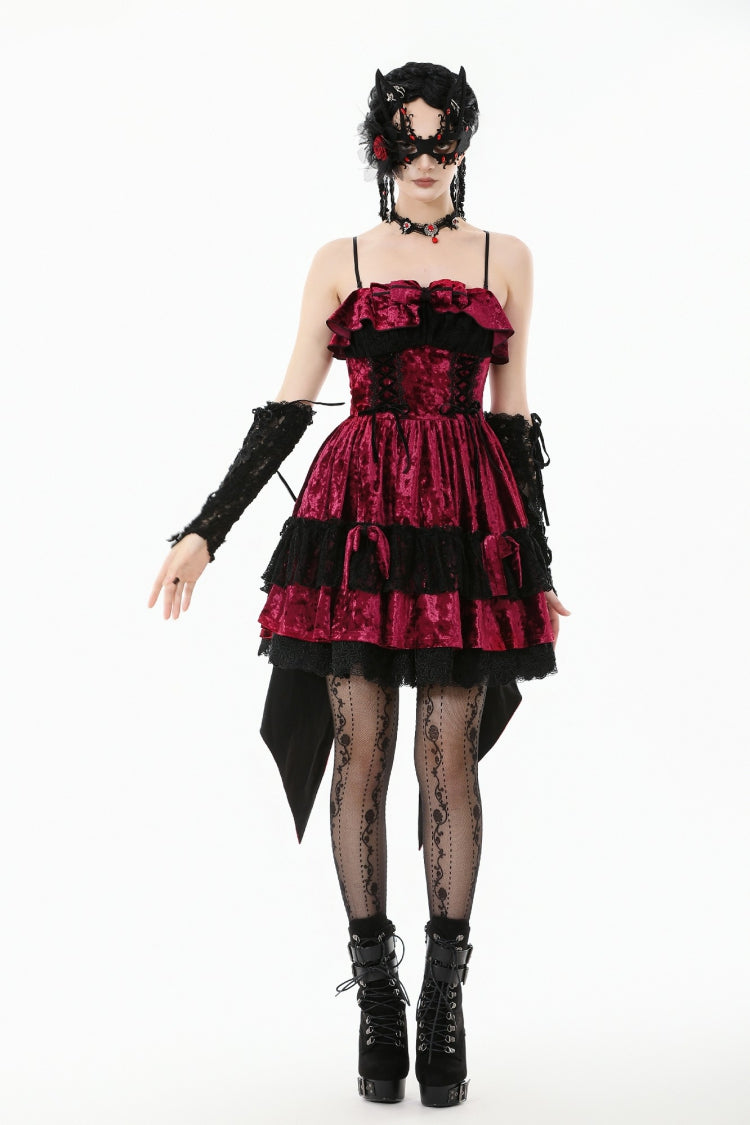 Maroon Corset Velvet Pointed-Tail Gothic Cami Mini Dress
