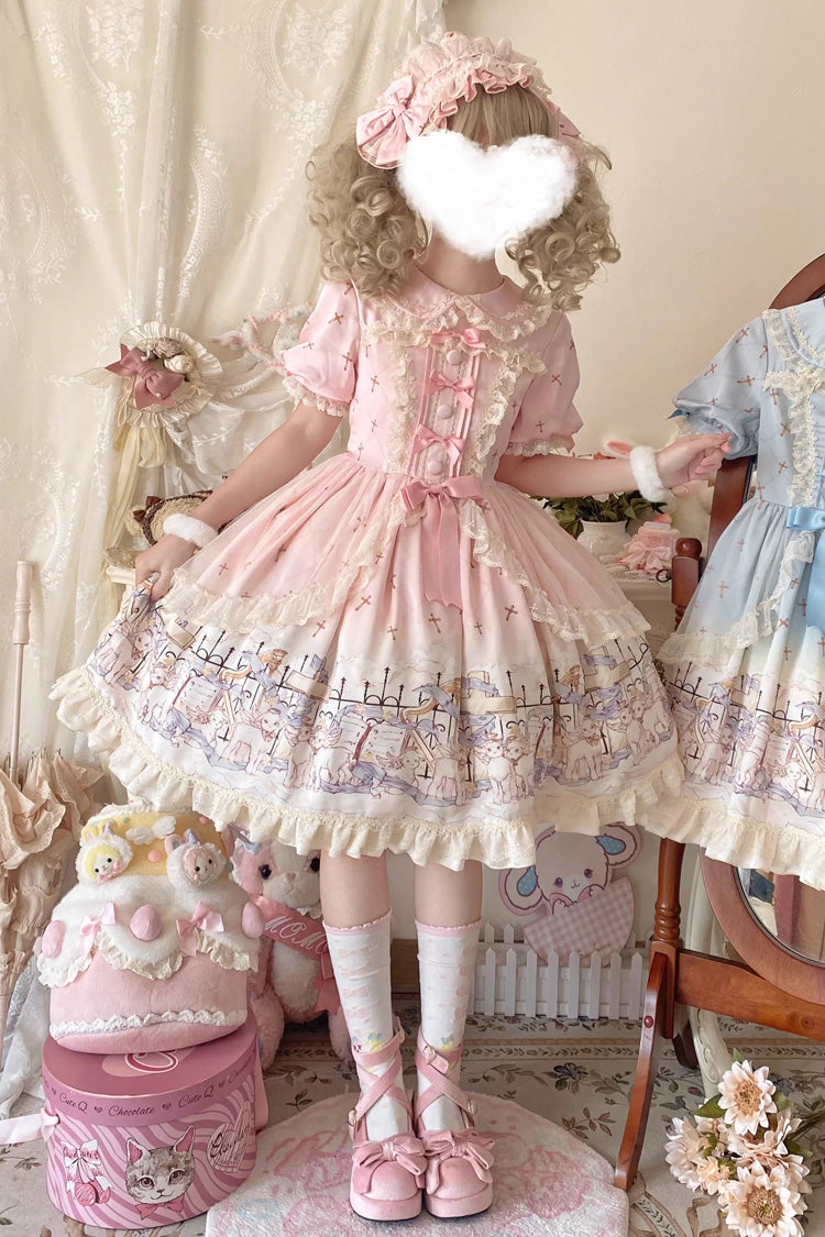 Angel Lamb Lapel Collar Short Sleeves Printed Ruffled Bow, Sweet Lolita Dress