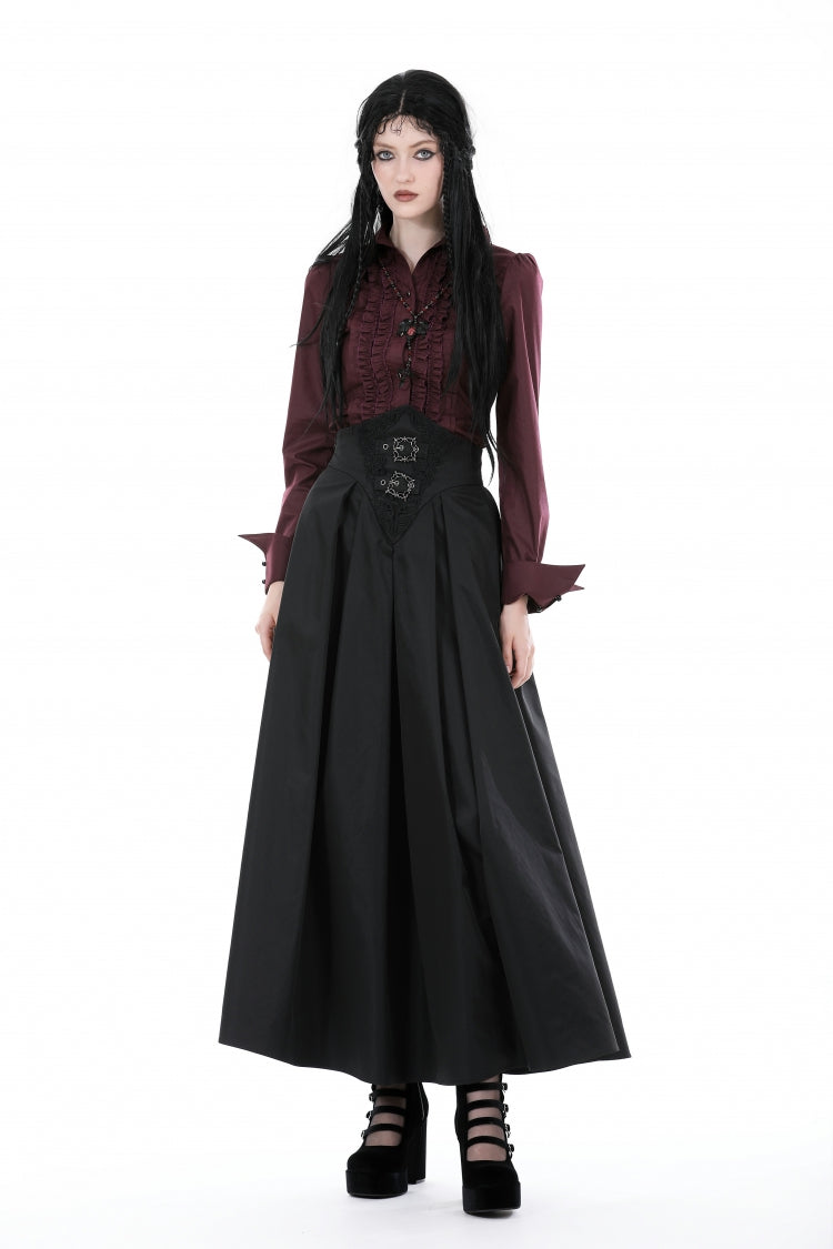 Burgundy Turn-Down Collar Ruffled Long Sleeve Gothic Women's Blouse