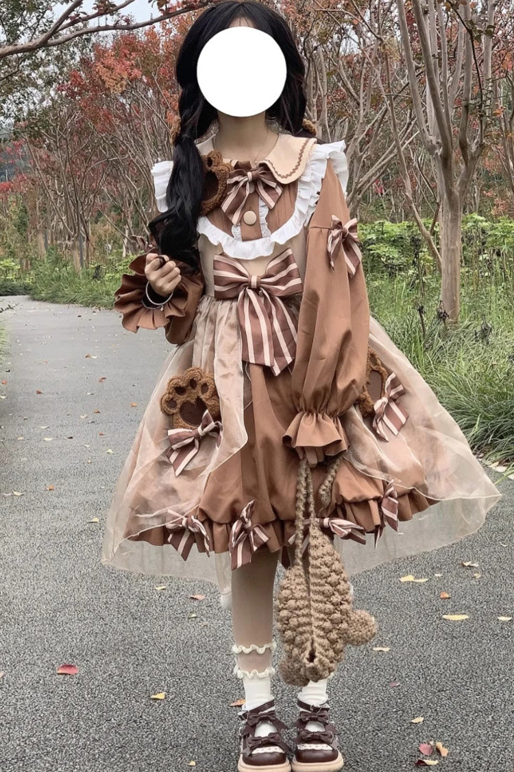 Sweet Lolita Dress with Bear, Long Sleeves, High Waisted Ruffle Bowknot in 3 Colors