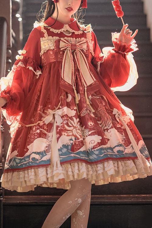 Crimson Lapel Wave-Print Bow Lace Ruffle Sweet Lolita Dress