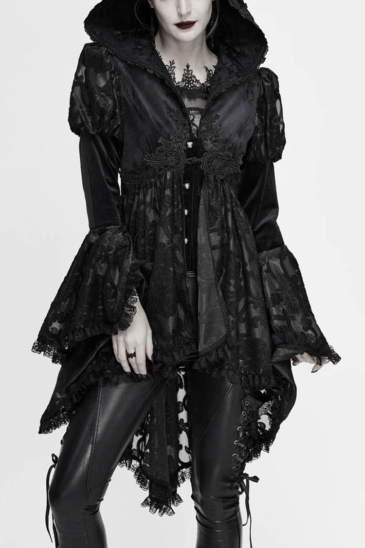 Gothic Velvet Hooded Coat with Metal Buttons, Lace Cuffs & Chest Decals