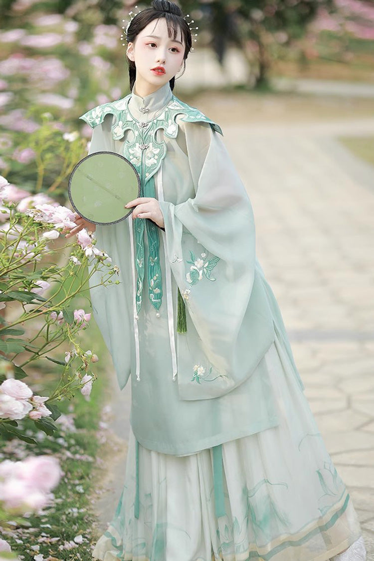 Emerald Embroidered Mandarin Collar Hanfu Ensemble with Full Coverage