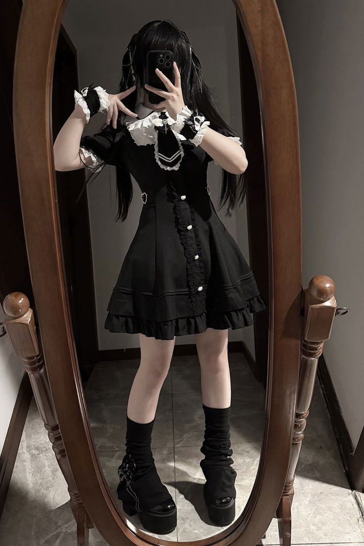 Short Sleeve Ruffle Bow Stitching Plus Size College Dress - Angel Creed