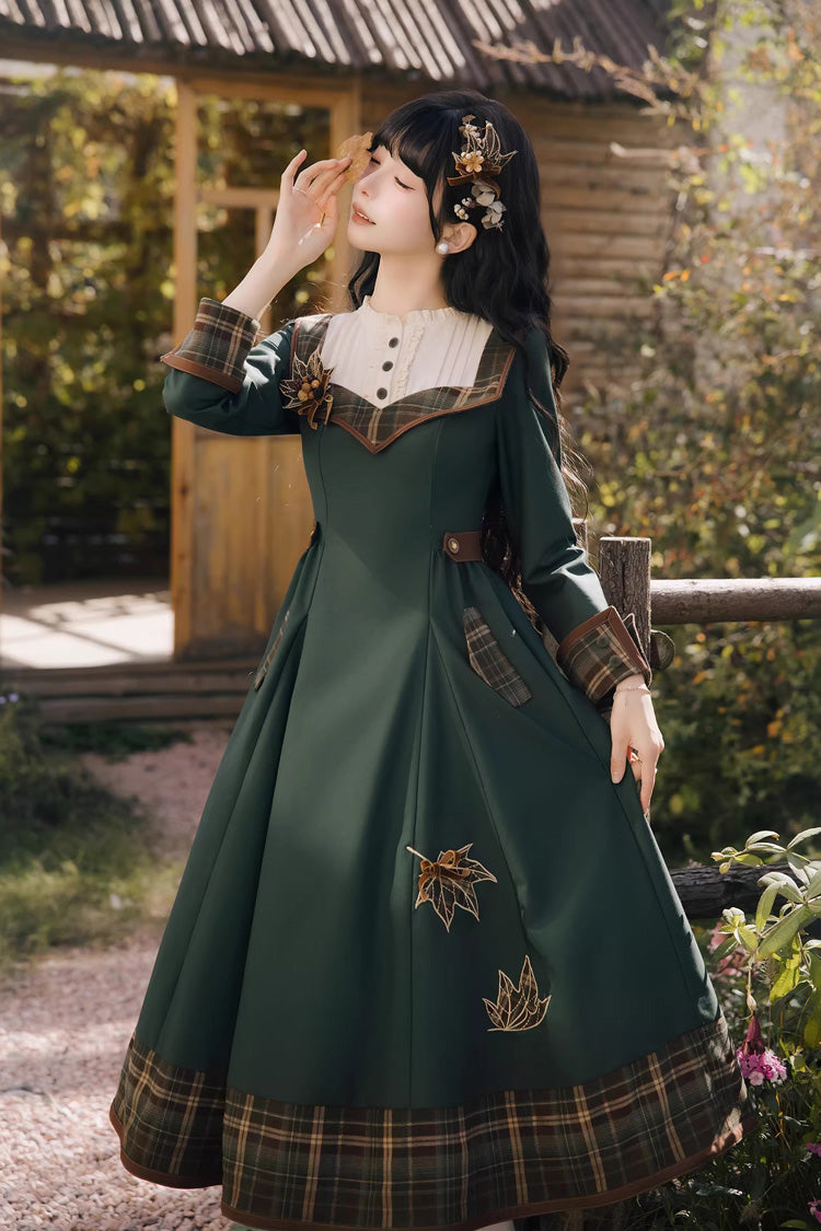 Emerald Autumn Chronicles Round Collar Long Sleeve Printed Embroidered Slim Sweet Lolita Gown