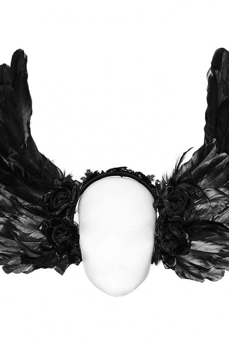 Gothic Headwear with Faux Feather Wings and Lace Accents
