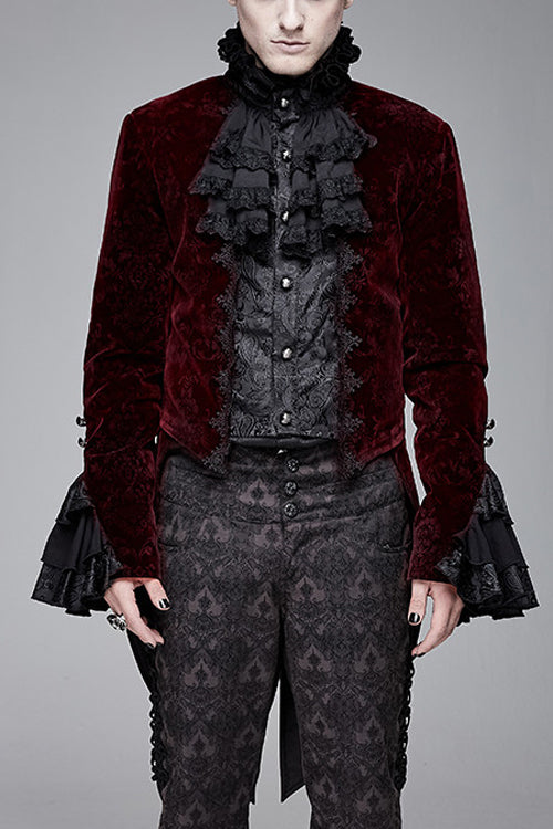 Lotus Leaf Corsage Collar Men's Red Gothic Swallowtail Coat
