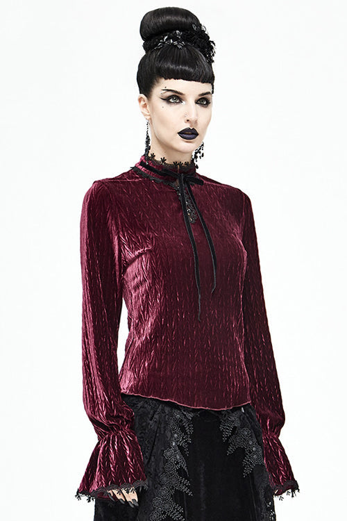 Ruby Velvet Flared-Sleeve Gothic Blouse with Pleats