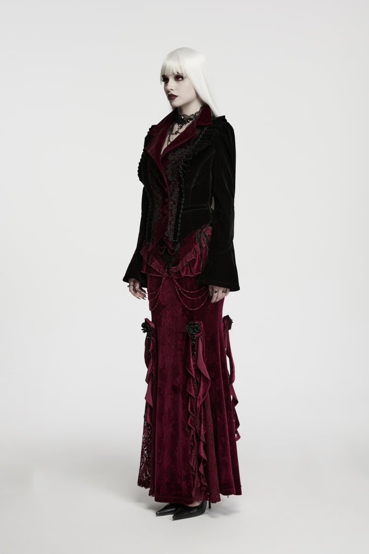 Crimson Noir Asymmetric Lace-Up Trumpet-Sleeve Royal Velvet Gothic Coat