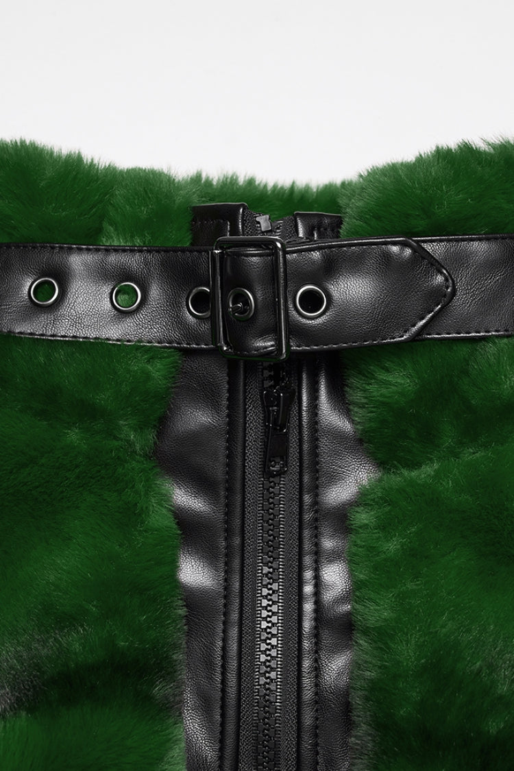 Emerald Stand Collar Long Sleeve Buckle Straps Faux Fur Punk Short Cloak for Women