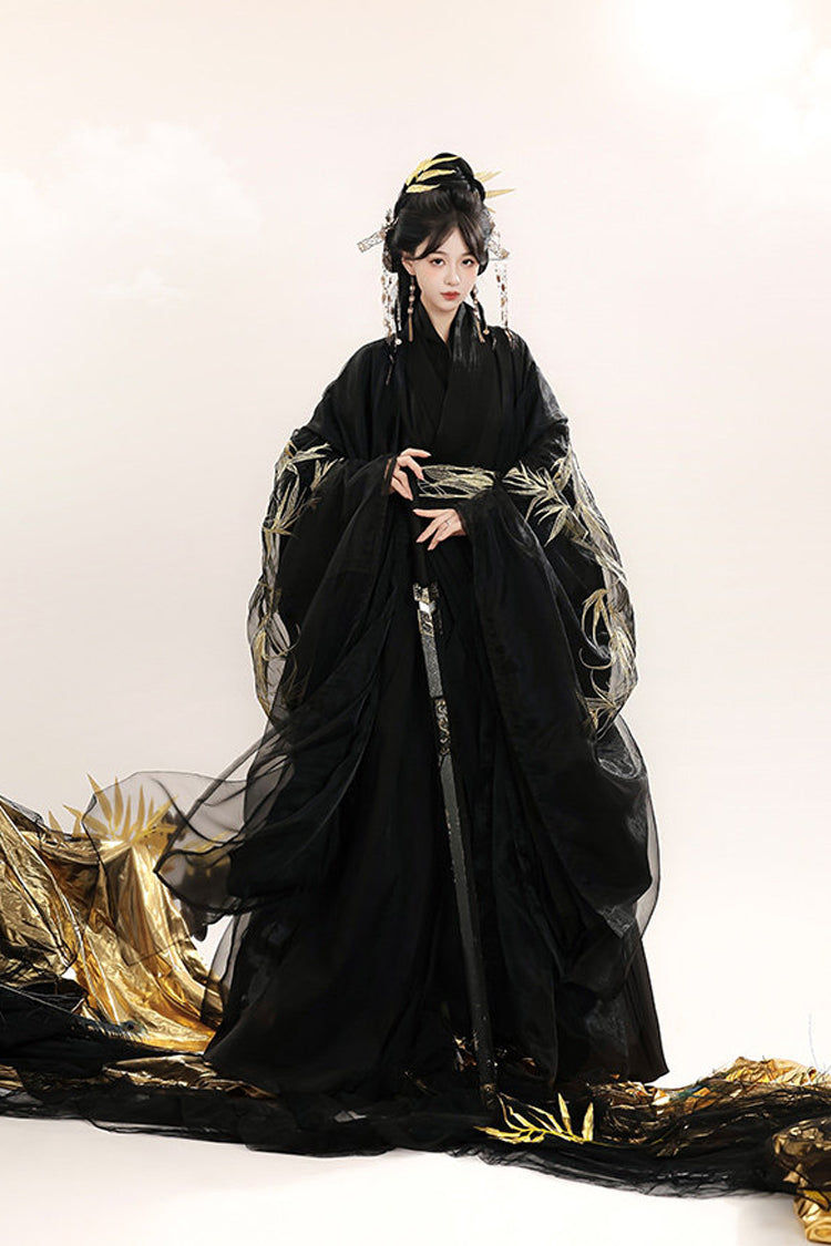 V-Neck Trumpet Sleeve High-Waisted Hanfu Dress Set - Bamboo Leaves