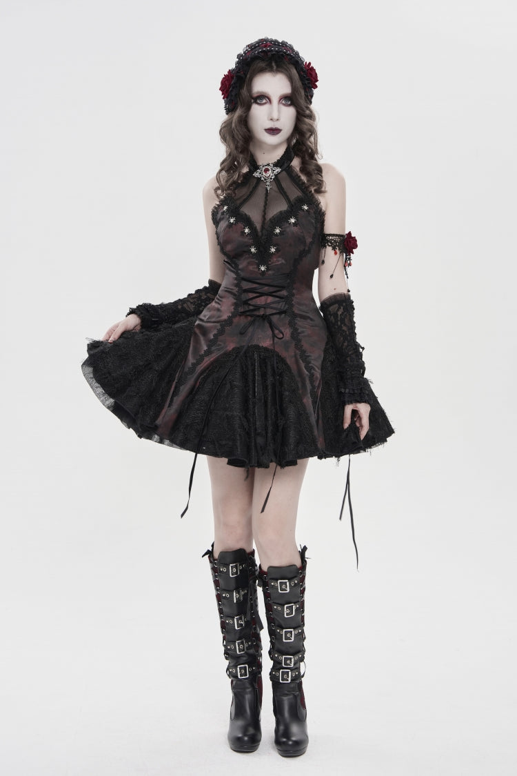 Crimson & Noir Off-Shoulder Strapless Lace-Up Pleated Gothic Gown with Embroidered Trim