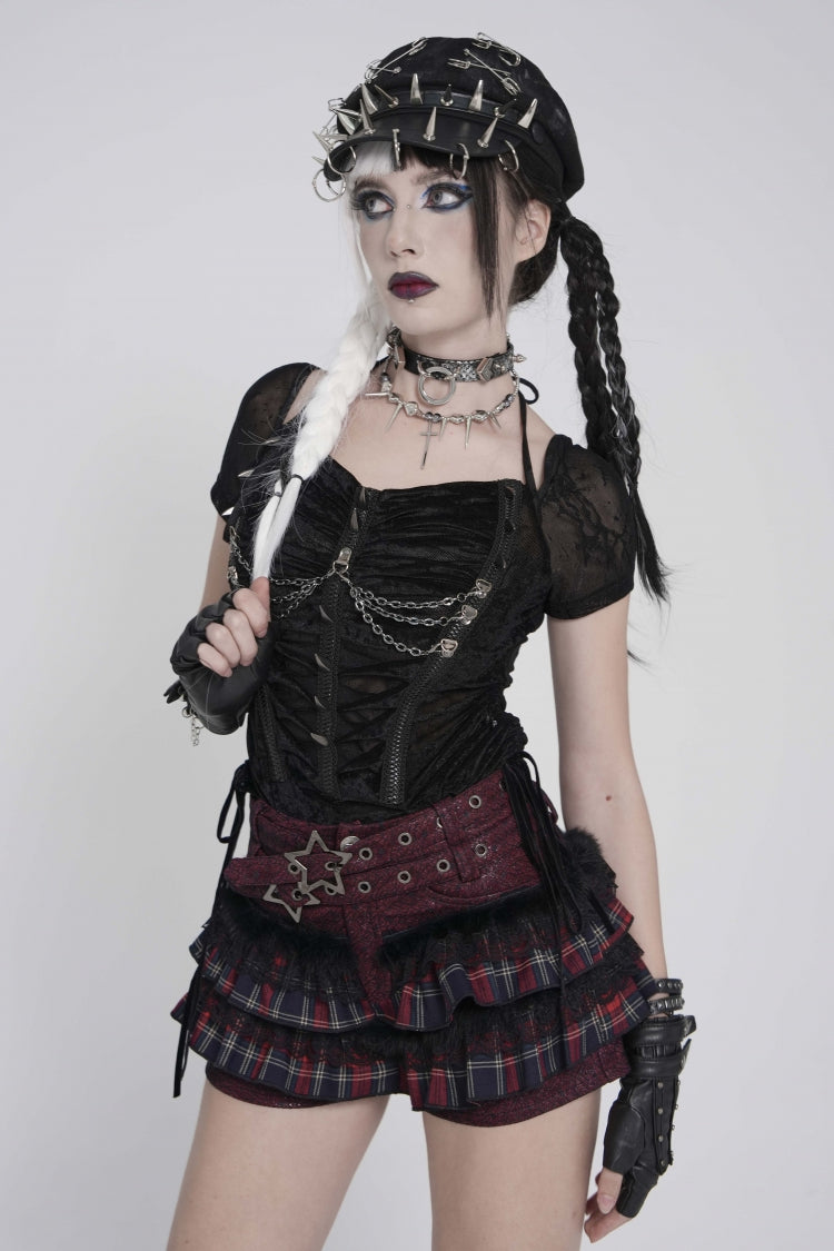 Punk Blouse with Studded Pleats and Chain Accents