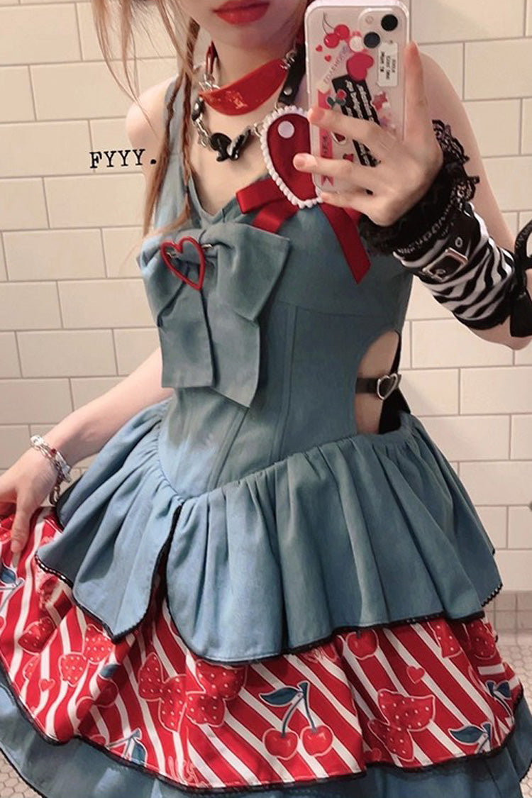 Denim JSK with Triple Ruffles and Bowknot, Vintage Japanese Style - Cherry