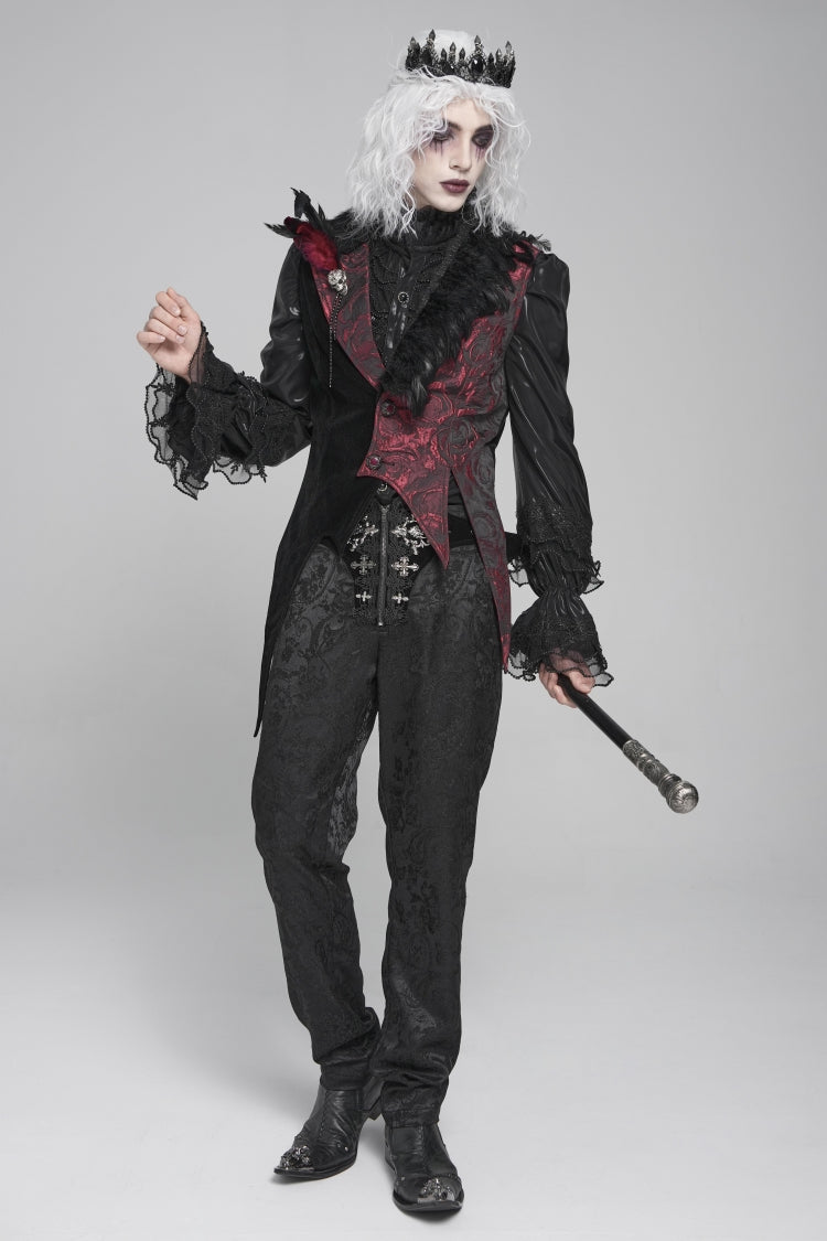 Men's Gothic Vest with Rose Print and Contrast Color, Detachable Feather Accessory