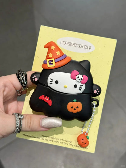 Schwarzes Kitty Halloween Silikon-AirPods-Kopfhöreretui